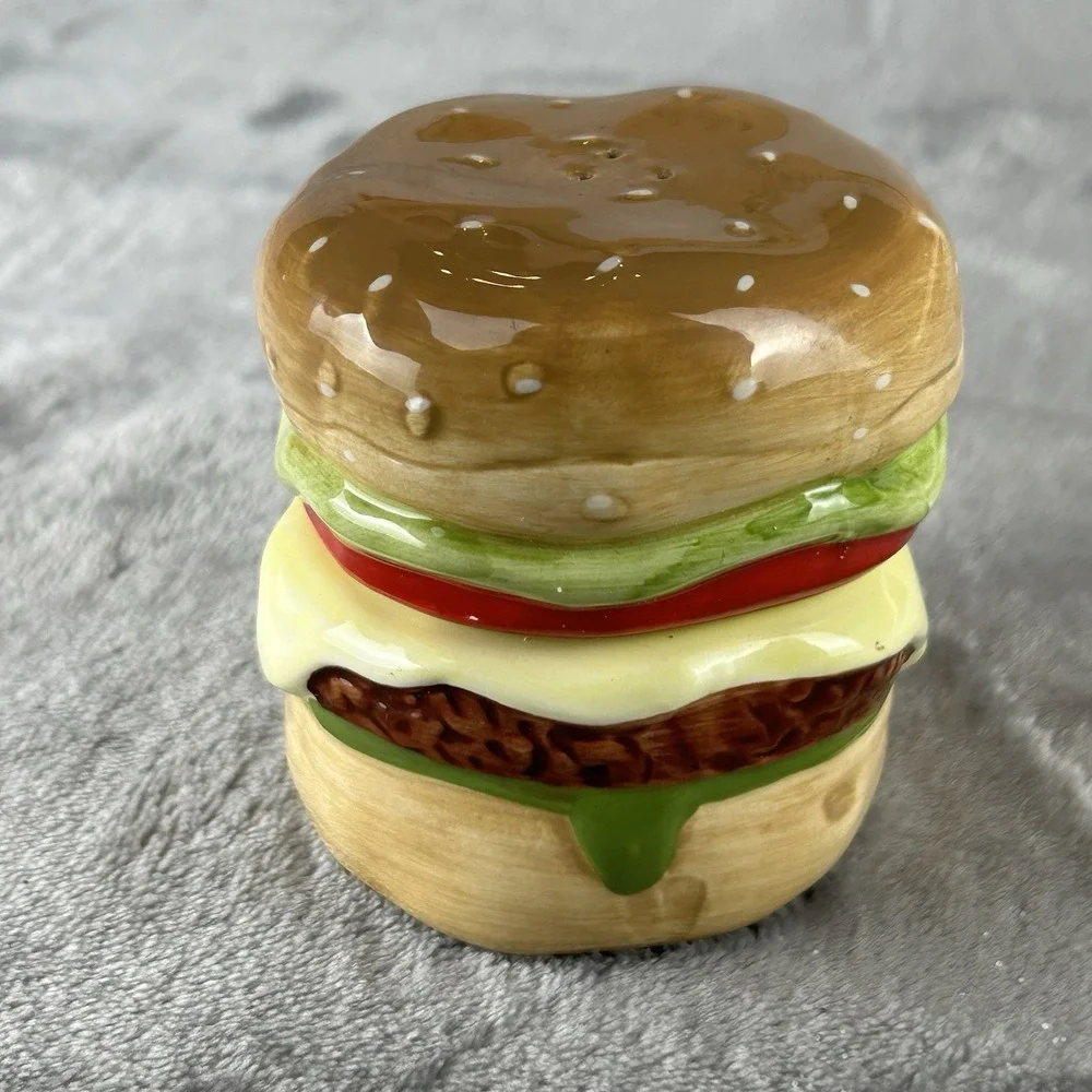 Pier 1 Imports Cheeseburger Deluxe Salt & Pepper Shakers Ceramic Stacking Kitsch